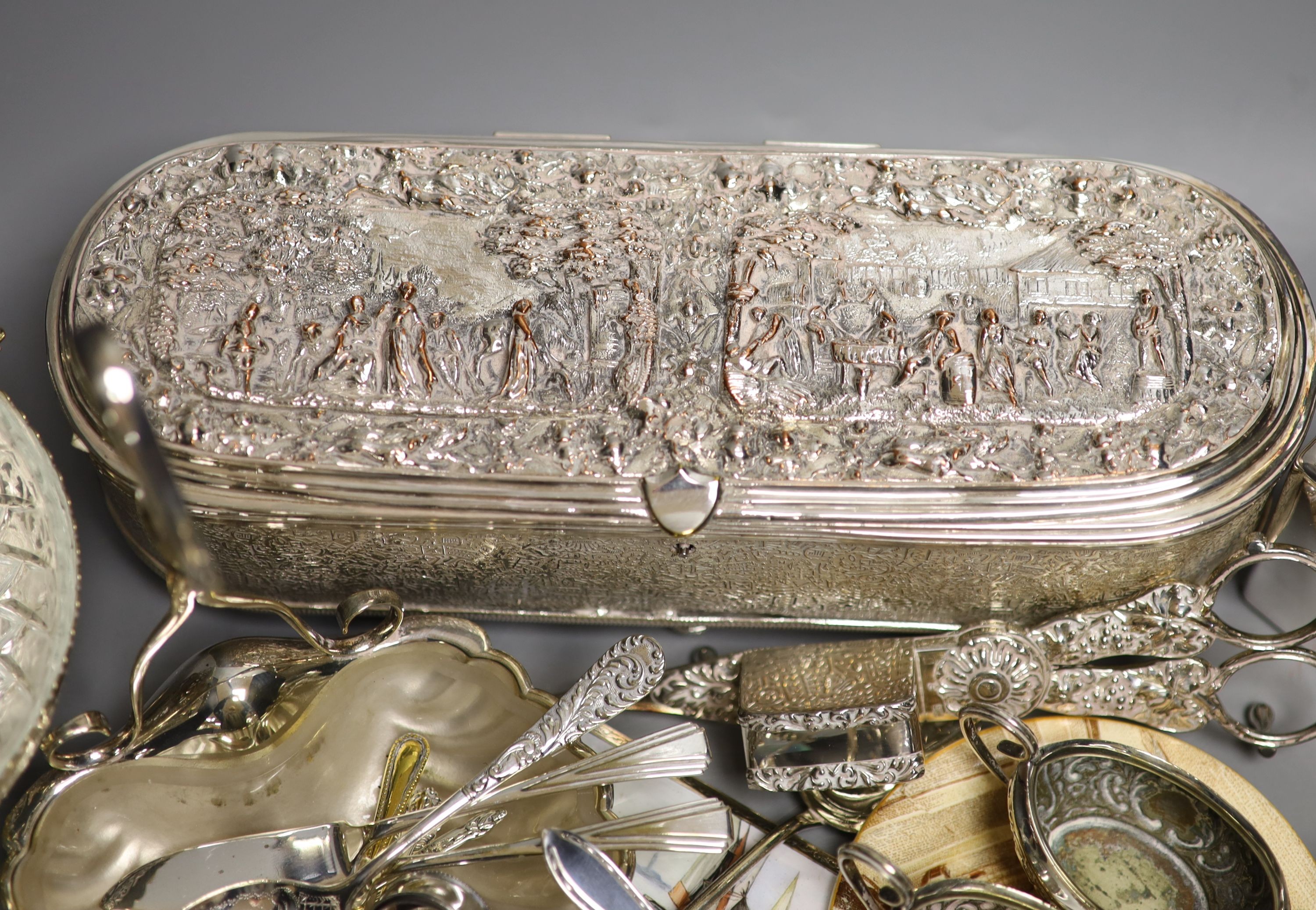 A collection of silver plate to include an enamelled box, candle snuffers, cutlery, box etc